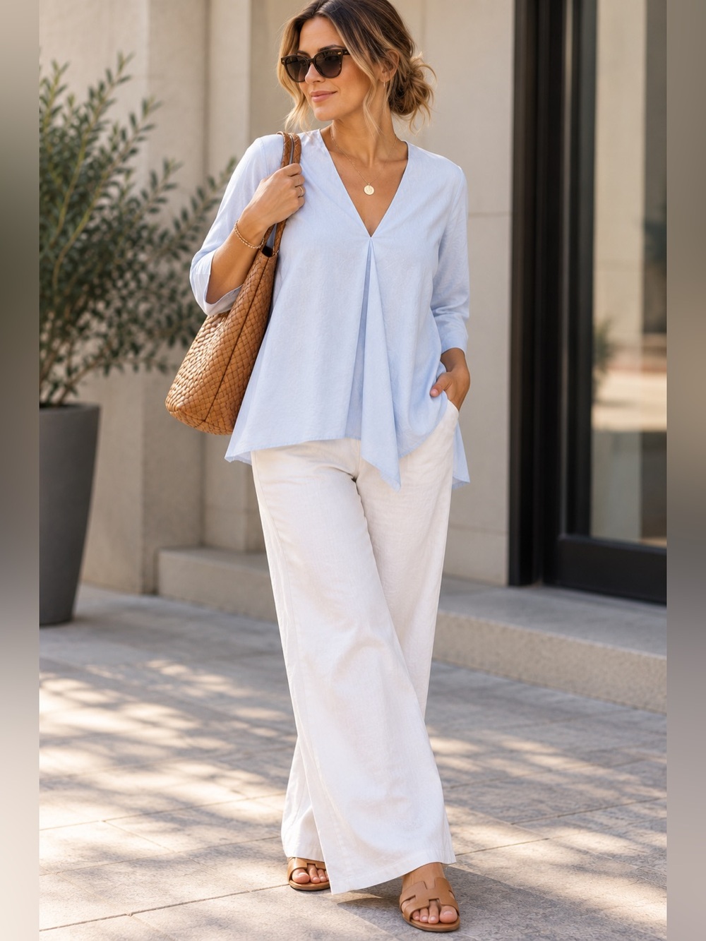 COS Size XS Light Blue V-Neck Pleated Asymmetrical Cotton Blouse